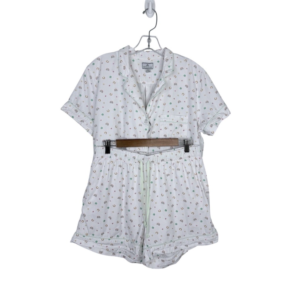 PETITE PLUME Twill 2pc Cotton Rainbow Shamrock Pajama Shorts Set Size Large